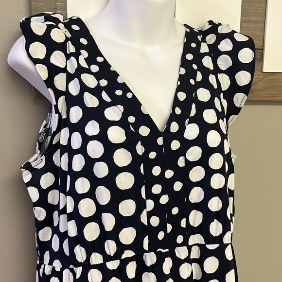 LOFT Navy White Polka Dot V-Neck Ruffled Flowy MIDI Dress- Medium - Picture 4 of 8
